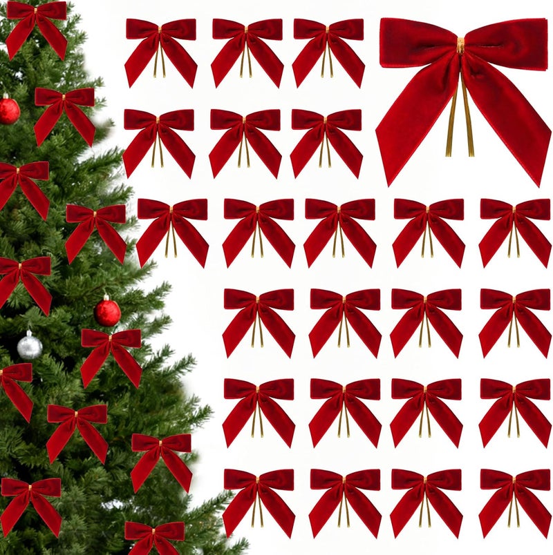 CCILAND Store 24 Pcs Red Small Velvet Bows for Christmas Tree, 3.54 Inch Mini Christmas Bows for Gift Wrapping, Twist Tie Velvet Bows Xmas Ornaments for Wreath, Crafts, Party, Wedding - Image 1